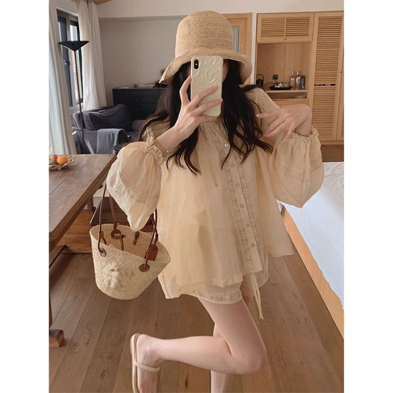 法式温柔风蕾丝薄款长袖衬衫上衣女2025新款休闲时尚短裤两件套装|undefined