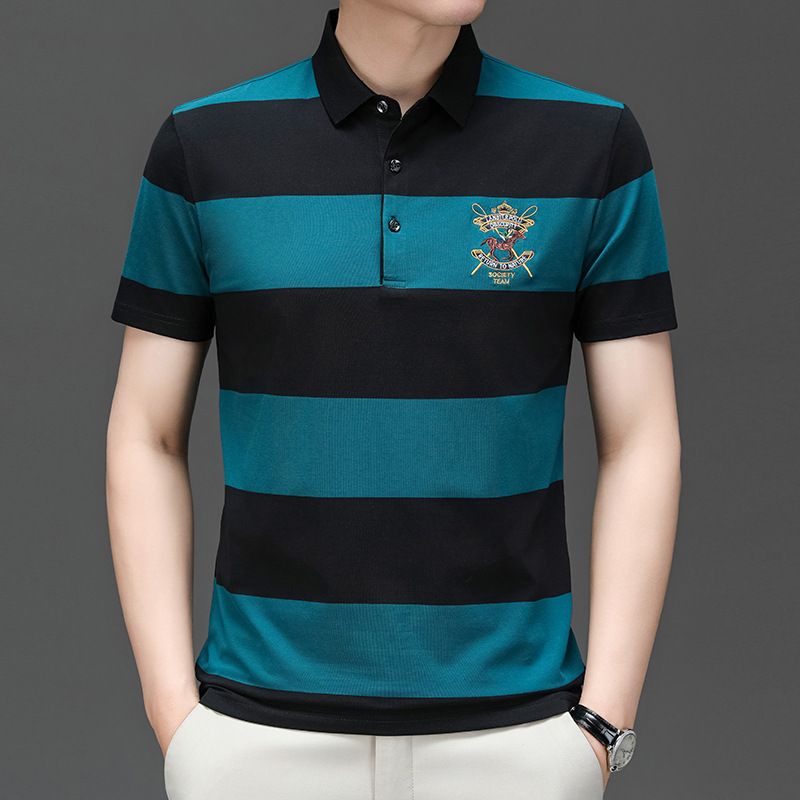 Exclusivo transfronterizo para verano nuevo estilo de algodón bordado de manga corta camiseta de hombre a rayas casual solapa de gran tamaño camisa POLO para hombre