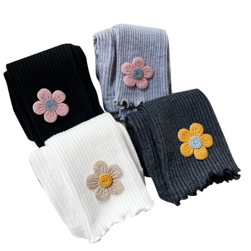  spring new style, thin vertical stripes, sunflower ears, children's nine-point pants, girls' leggings with openable flaps