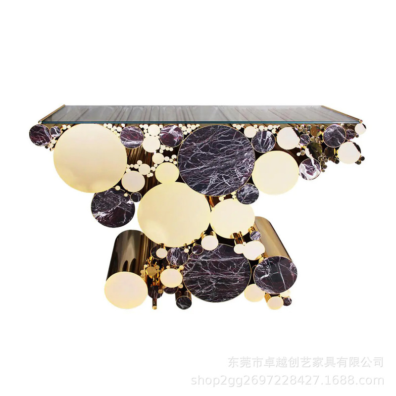 葡萄牙不锈钢气泡玄关台现代轻奢设计师别墅入户靠墙大理石玄关桌|undefined