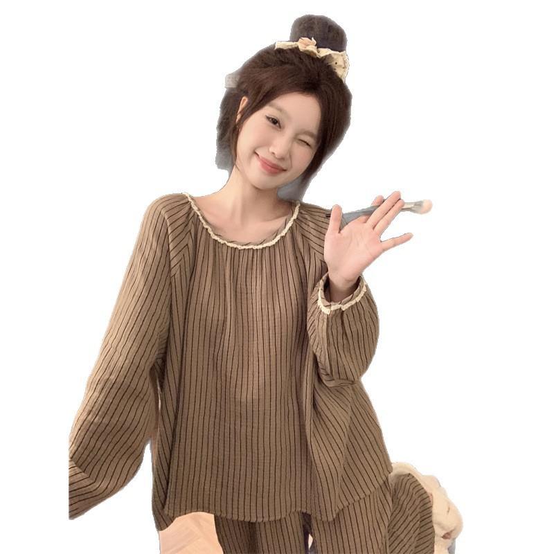 韩国ins女士韩系复古咖色条纹圆领拼接蕾丝花边家居服睡衣套装女|undefined