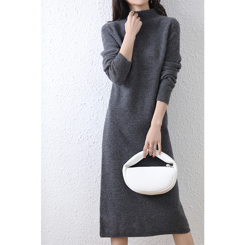 Falda larga de estilo elegante para ir al trabajo, otoño e invierno 2025, vestido de punto de color puro con cuello medio de punto, intelectual y suave. image 8