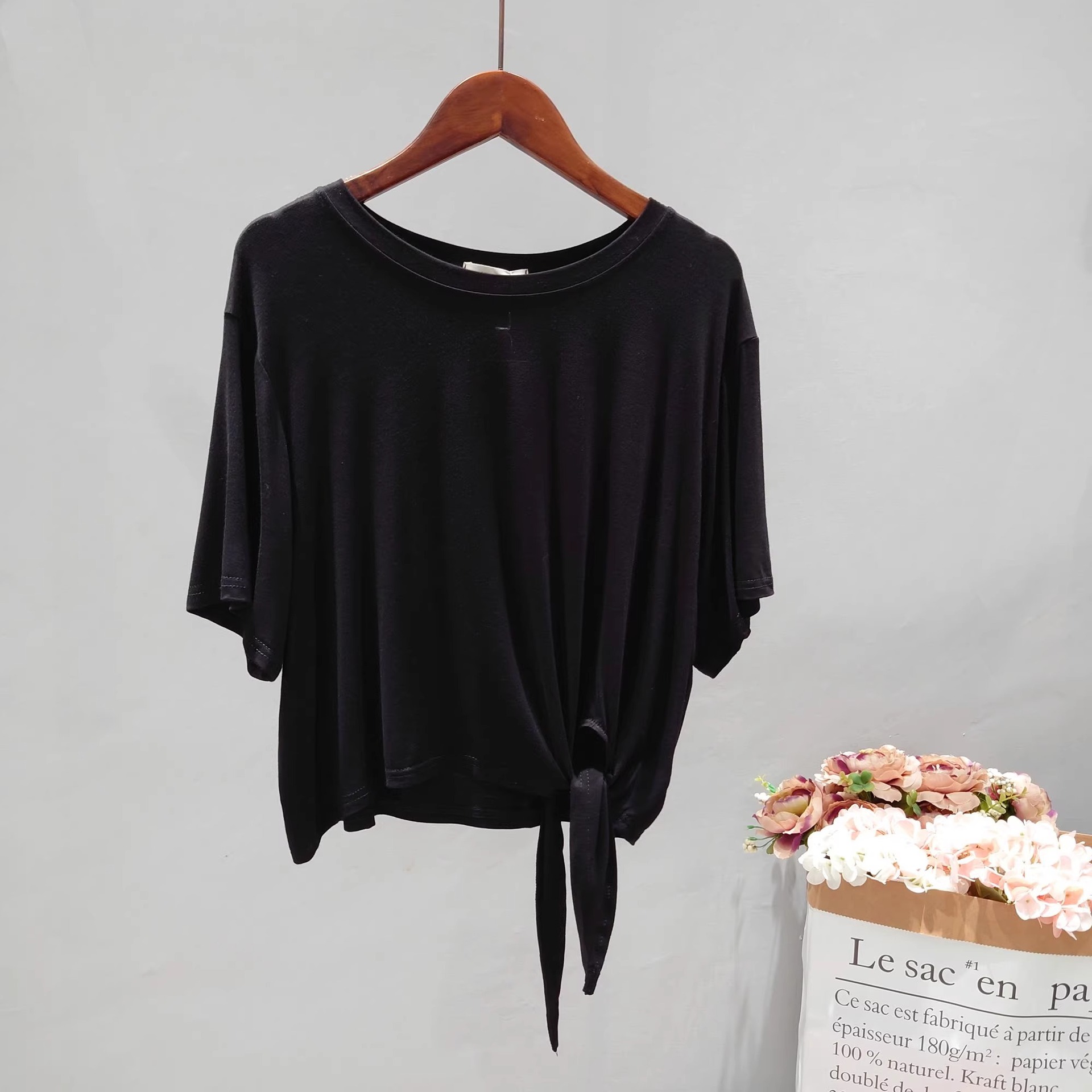 ブランド貿易~カットラベルカウンター不規則裾結びショートモーダルTシャツ半袖ルーズトップイン
