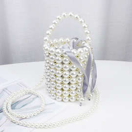 手工串珠珍珠包成品水桶包圆筒复古手提包透明编织ins两用斜跨包