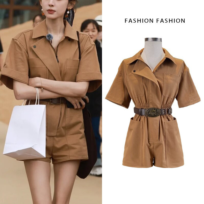 New 2024 Elastic Waist Breathable Workwear Short-Sleeve Shirt, Slim Fit Jumpsuit Shorts, Summer Style