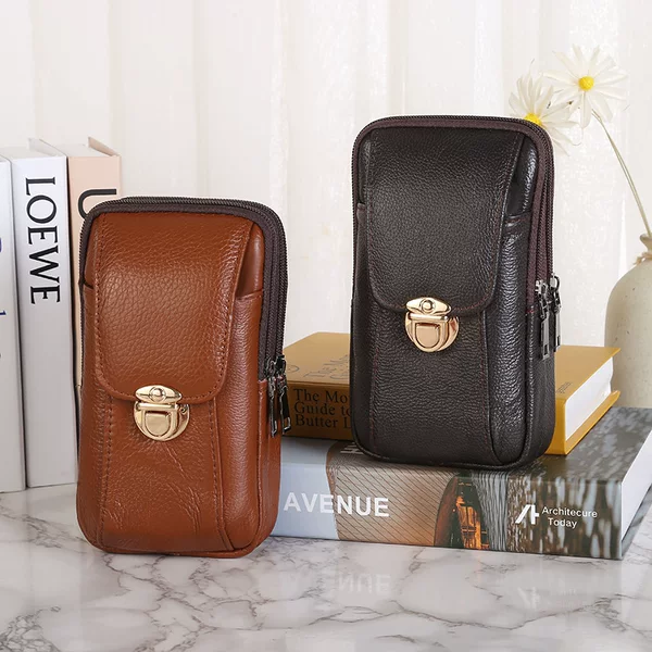 Cowhide buckle waist bag men's temperament multi-functional three-layer coin purse portable strap rope business durable mobile phone bag