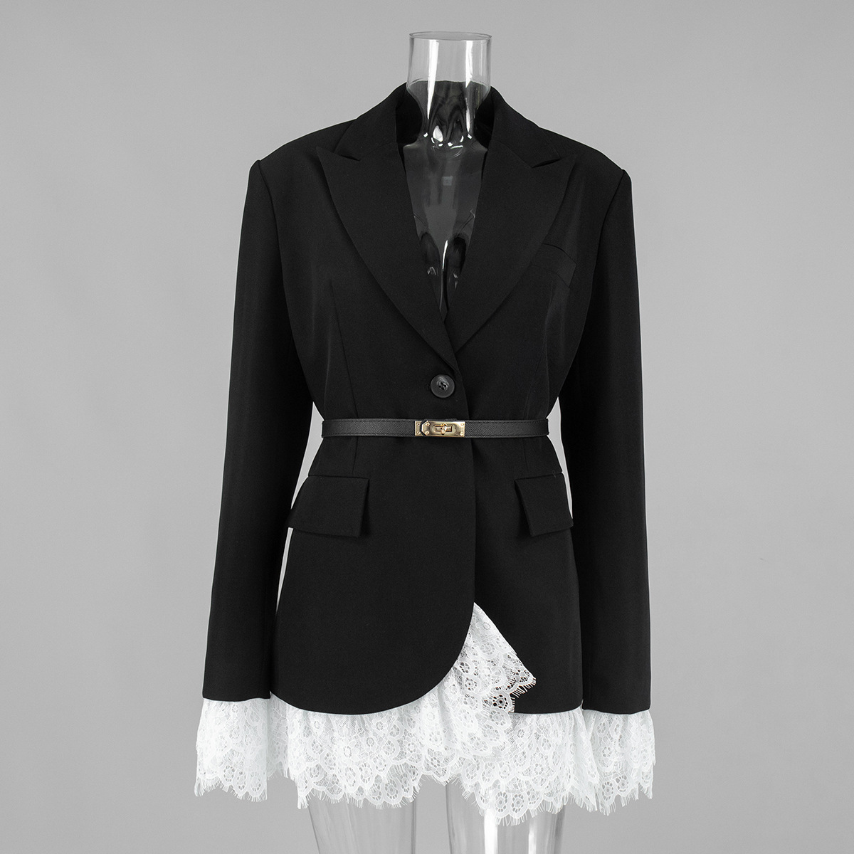 Saco Blazer con Encaje Empalmado de Poliéster con Hebilla Metálica para Oficina