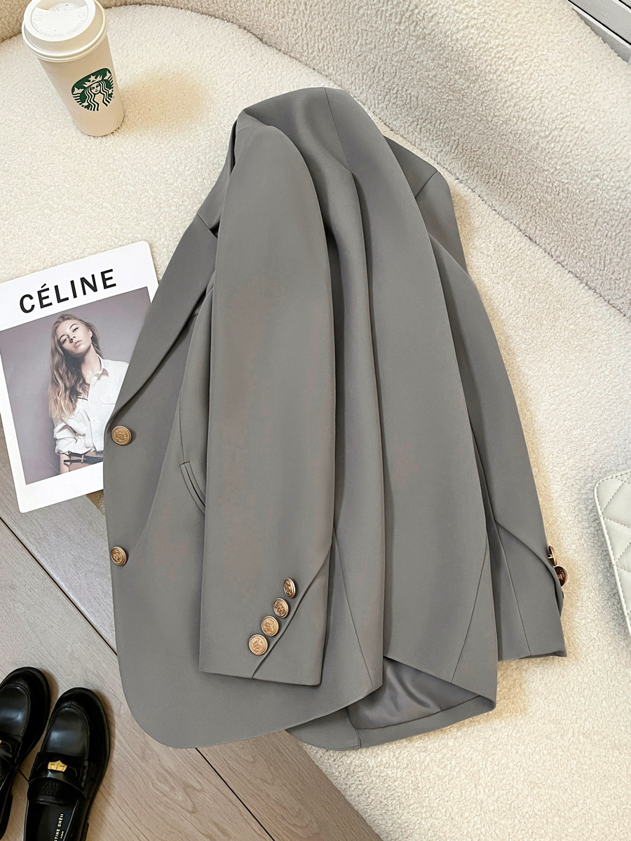 グレーの女性用スーツジャケット、高級感のある2026年春秋新作、韓国風、女神のような気質、高級カジュアルスーツジャケット