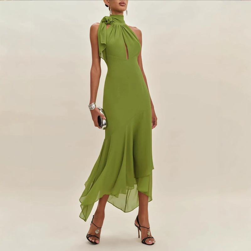 Amazon Cross-Border Independent Station European and American Style Backless Solid Color Small Design Ruffle Dress Slim Long Skirt for Women