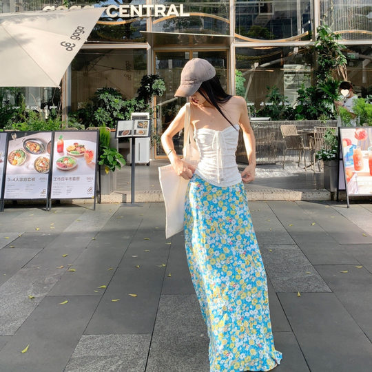 Pure Desire Style Pleated Slim Fit Tube Top Women's Spring New Floral Slim Look High Waist Long Dress Fashion suit