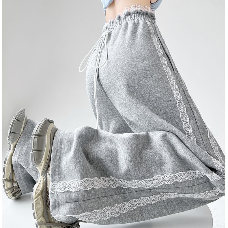 Navy Blue Lace-Trimmed American Casual Straight-Leg Sweatpants for Women, Spring, Autumn, Summer 2025 New Wide-Leg Pants for Petite Figures, Sports Pants Navy Blue Lace-Trimmed American Casual Straight-Leg Sweatpants for Women, Spring, Autumn, Summer 2025 New Wide-Leg Pants for Petite Figures, Sports Pants