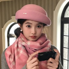 秋冬日本款羊毛呢粉色礼帽贝雷帽子女手工珍珠链盆帽名媛走秀盆帽