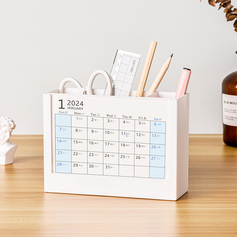 2024 Year Calendar Plastic Office Storage Pen Holder Desk Calendar Advertising Printing Corporate Gift Logo Can Be Printed