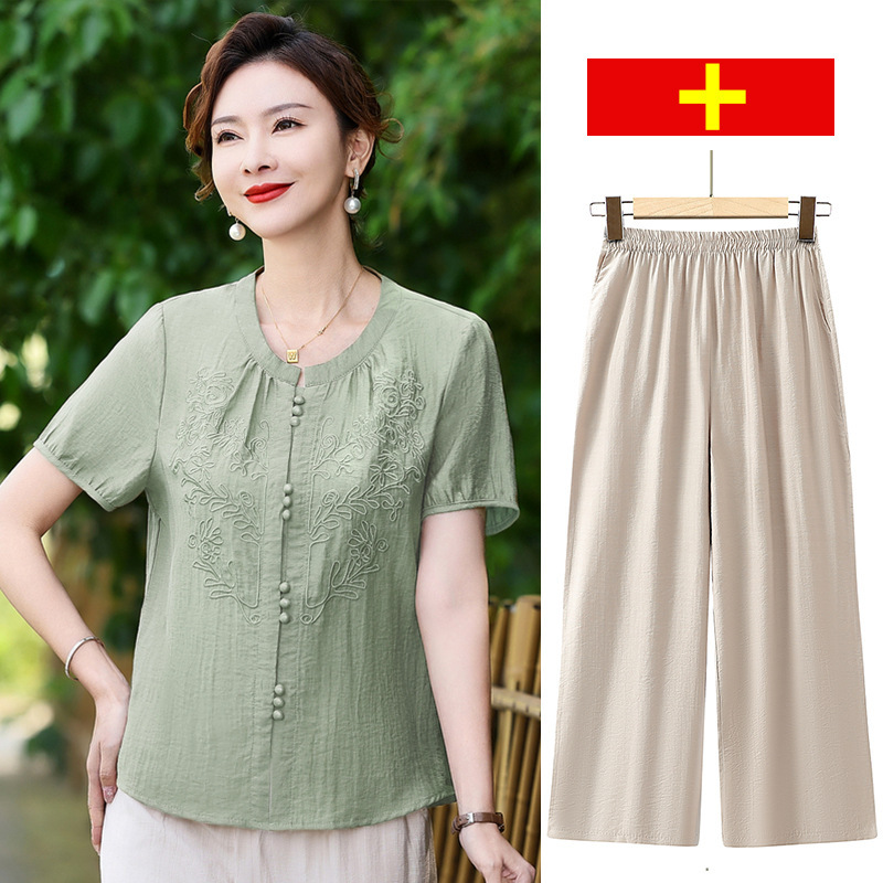 Mother summer cotton linen suit 2025 new middle-aged and elderly women's summer temperament short sleeve shirt top two-piece set Mother summer cotton linen suit 2025 new middle-aged and elderly women's summer temperament short sleeve shirt top two-piece set