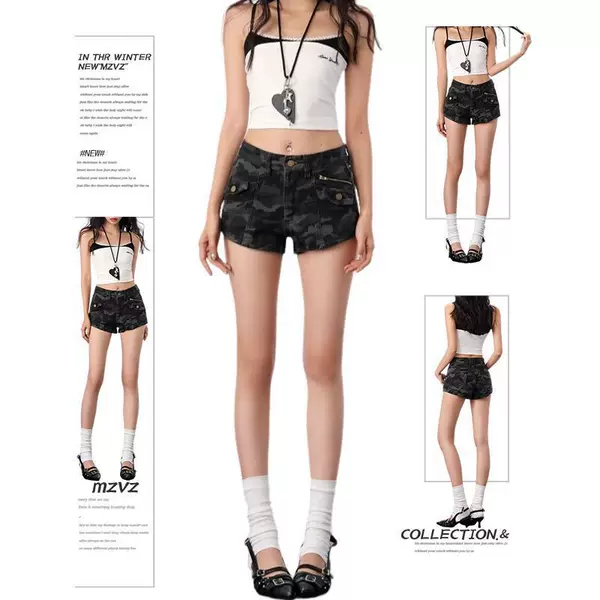 American Hot Girl Camouflage Denim Shorts for Women 2025 Summer New High-Waist Slimming Versatile Design Hip-Hugging Hot Pants