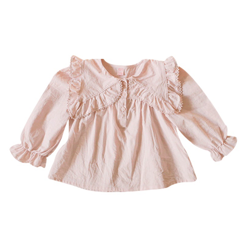 Primavera 2024 fresa Shan Corea del Sur ropa de los niños niñas solapa campana manga dulce camisa en stock