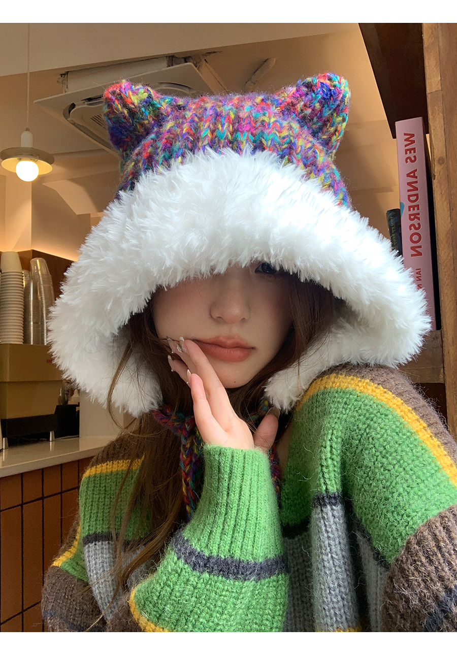 Cute Ears, Big Headband, Colorful Thick Wool Knitted Hat, Women's Autumn and Winter Warmth, Show Face, Small Plush_voghion.com