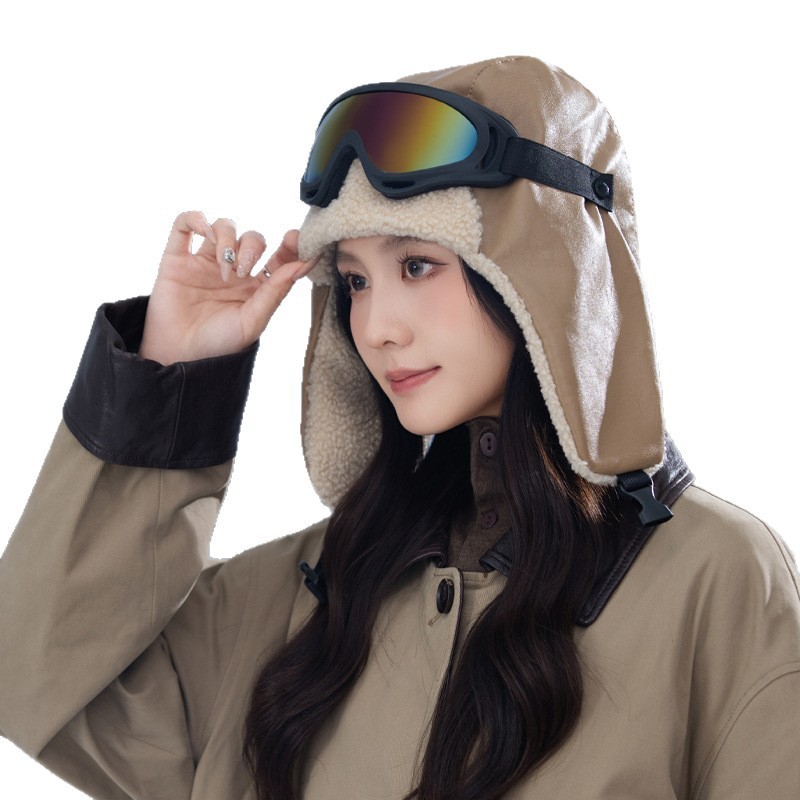 户外登山滑雪PU皮飞行员帽可拆卸护目镜套装冬季新款防风保暖帽潮|undefined