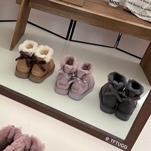 桑坡羊皮毛一体后丝带蝴蝶结雪地靴女冬季加绒防寒保暖短筒棉靴子
