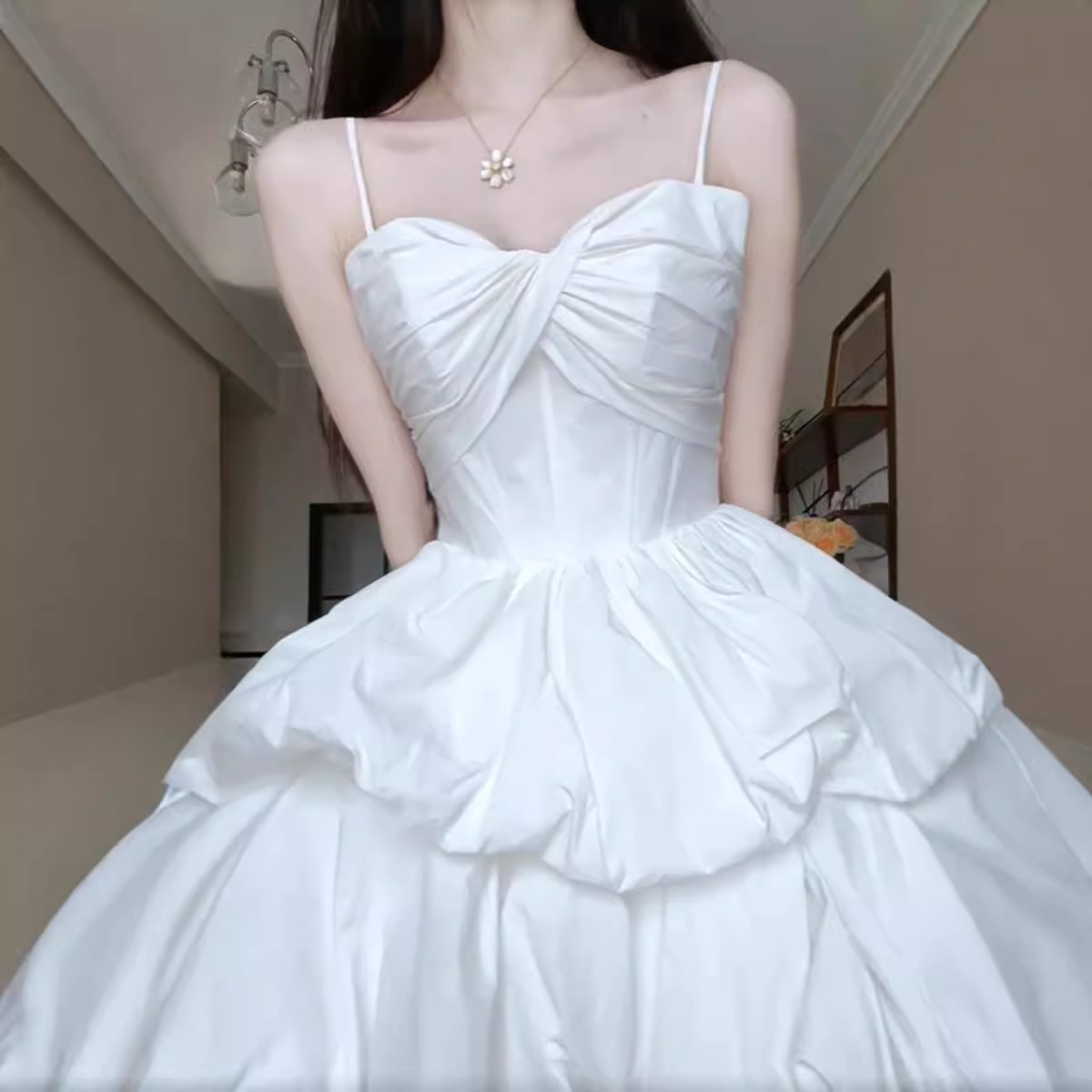 French-Style Lady Dress with Tail on the Run, Princess Dress with Sweet Forest Style, White Suspender Birthday Party Dress