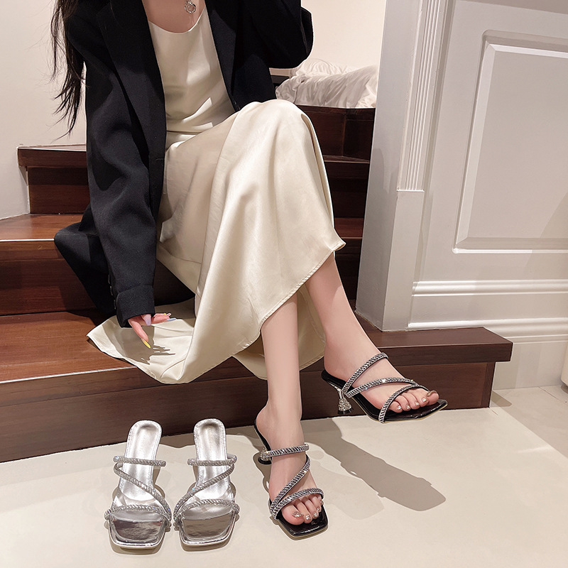 Women's Rhinestone One-strap High Heel Slippers For Summer_voghion.com