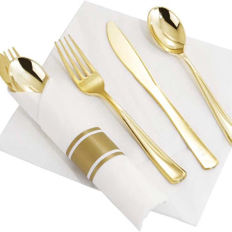 Amazon Disposable Plastic Silver Knife, Fork and Spoon Napkin Set Wedding Party Dining Decorative Tableware Three Pieces
