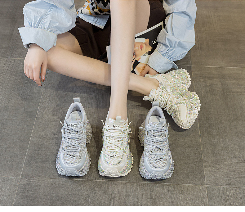 Giày sneaker nữ chunky đế dày phối đá pha lê cao cấp — Xám 5031, Be 5031 chi tiết 19