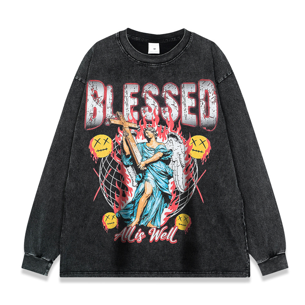 260g pesado copo de nieve frito de manga larga Camiseta americana retro alta calle moda marca suéter suelta Otoño e Invierno de los hombres y las mujeres de fondo