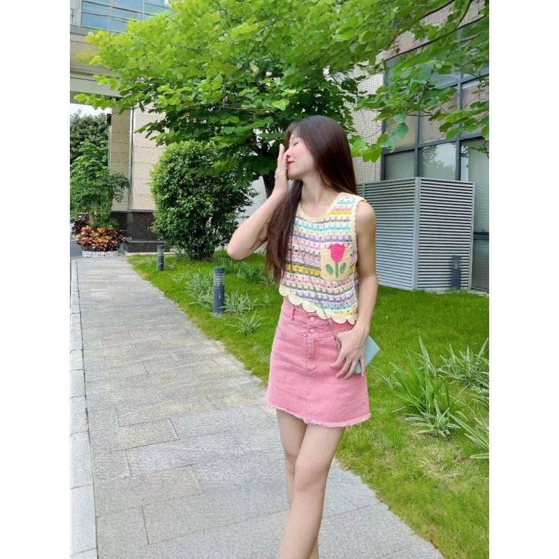 Допамин носить цветной полосатый трикотажный жилет женский весенний сладкий стиль дизайн нерегулярный короткий топ без рукавов