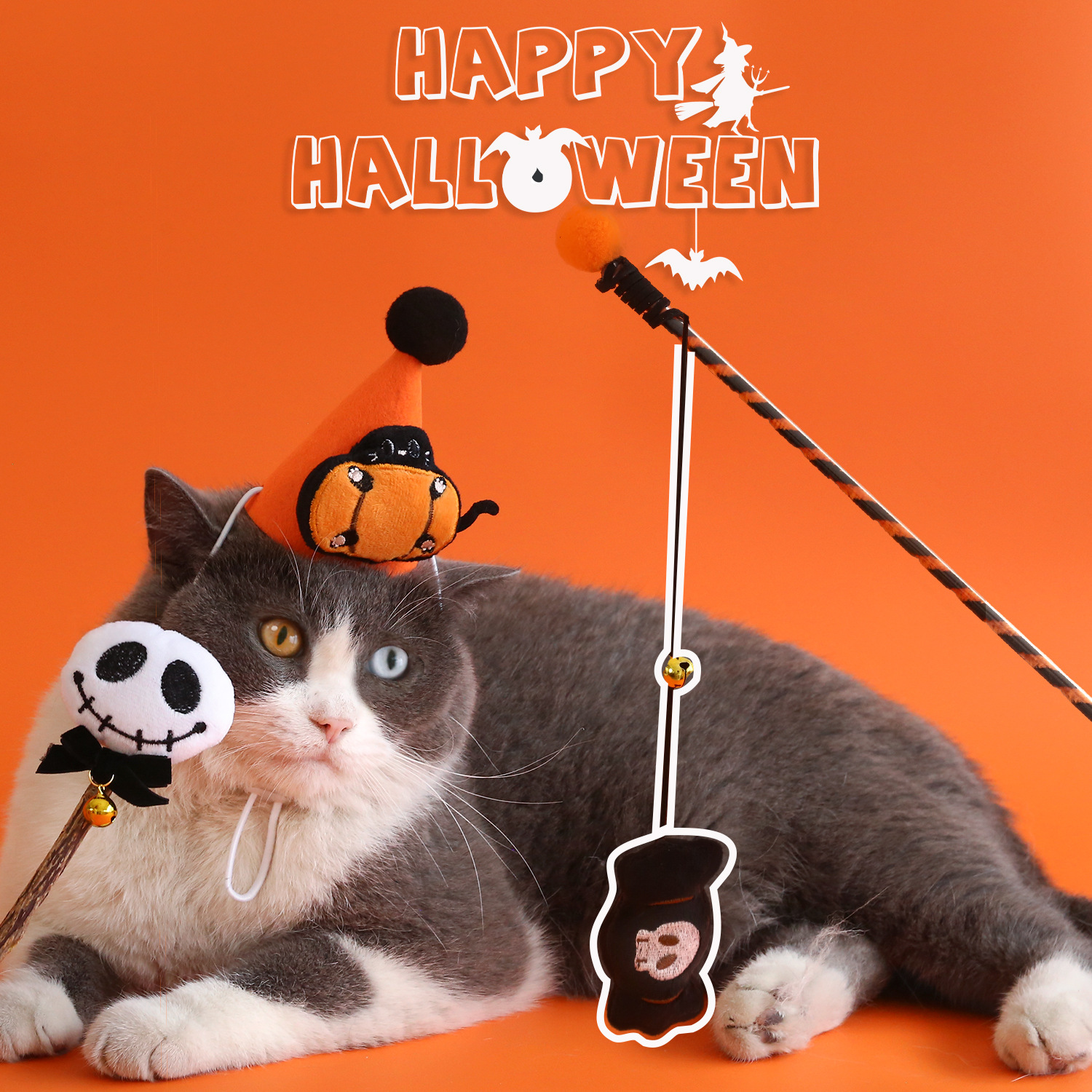 Mascotas gatos Halloween tres piezas set sombrero de dibujos animados fantasmas gatos palo calabaza sonido palo molar juguete regalo