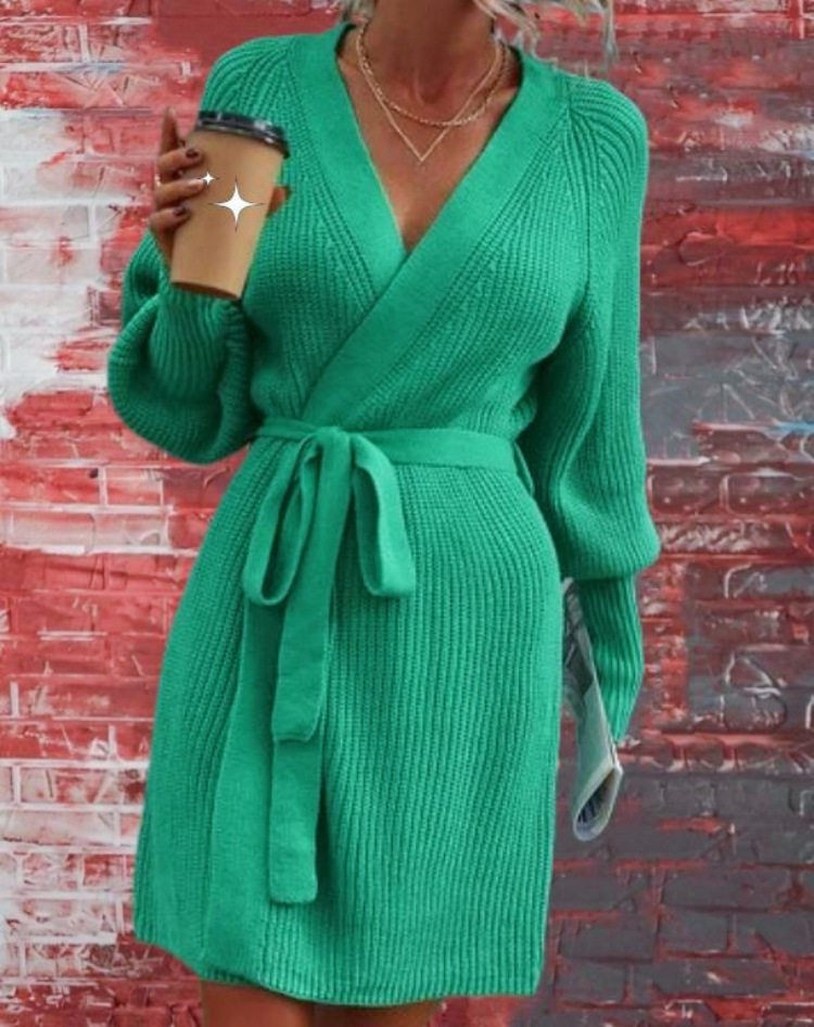 Autumn and winter new mid length solid color women's knitted belt cardigan sweater women_voghion.com