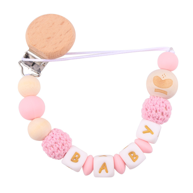 Productos para bebés abrazadera de tetina plana redonda de beech letras de silicona nombre de bebé DIY calmar tetina cadena de prevención de caída cadena