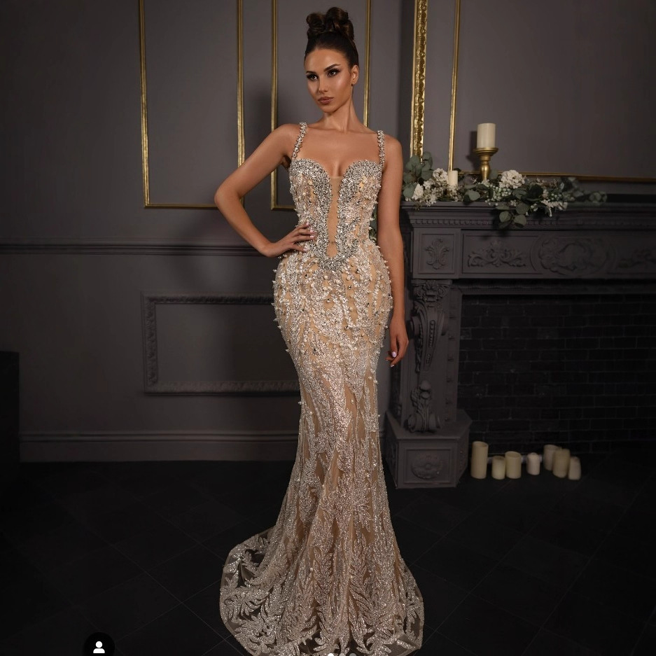 European and American Foreign Trade Cross-Border New Style Deep V-Neck Sequin Beaded Slim-Fit Bodycon Fishtail Evening Gown