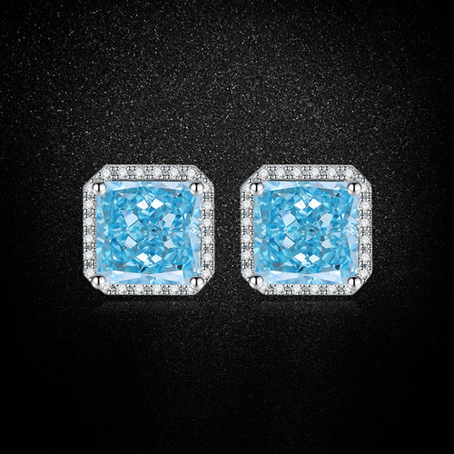 2024 new European and American style geometric square earrings light luxury sea blue ice flower cut high carbon diamond zircon earrings