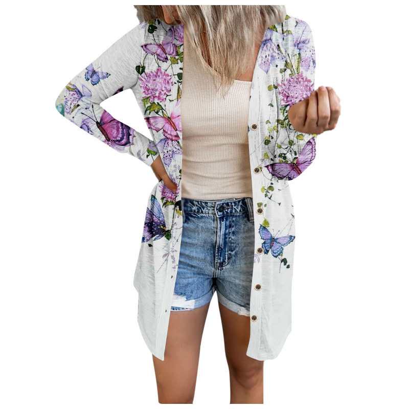 In-Stock Instant Shipping, Cross-Border Hot-Selling European and American Plus-Size Women's Floral Print Patchwork Mid-Length Cardigan Blouse Jacket