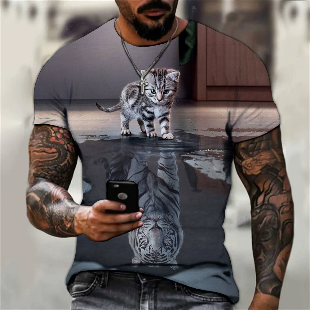 AliExpress Amazon Подростковая Летняя мужская футболка с круглым вырезом с 3D цифровым принтом, кошка, тигр, свободная