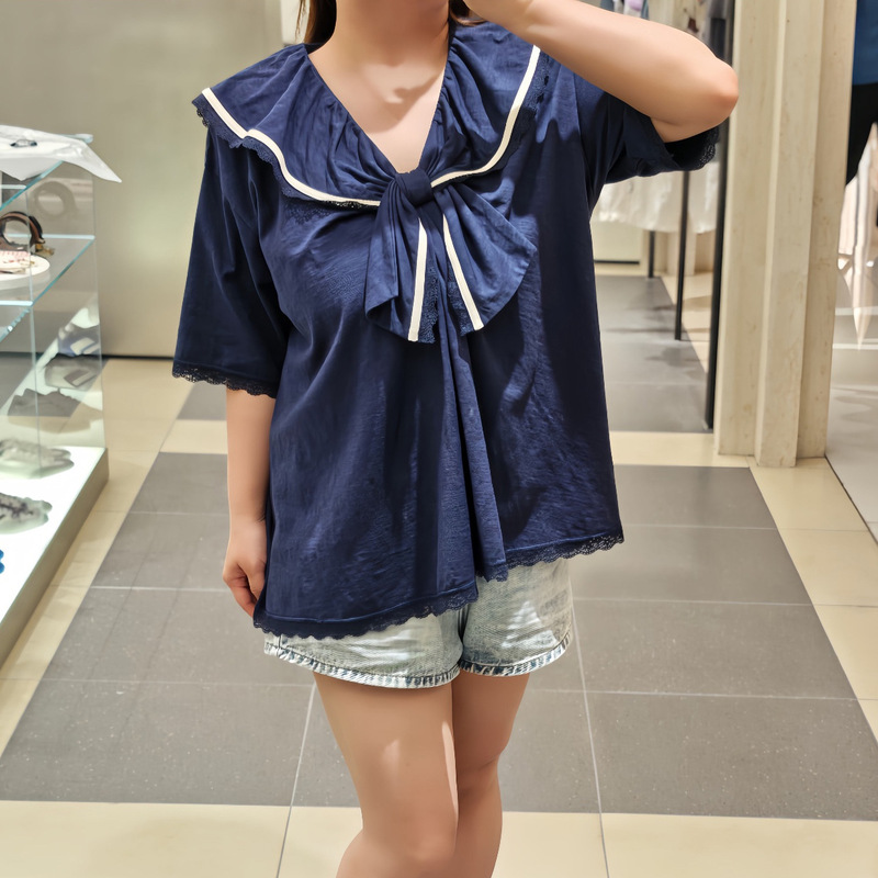 In stock: Y-style vintage navy collar bow T-shirt for women, lace loose-fitting navy blue casual babydoll shirt for autumn In stock: Y-style vintage navy collar bow T-shirt for women, lace loose-fitting navy blue casual babydoll shirt for autumn
