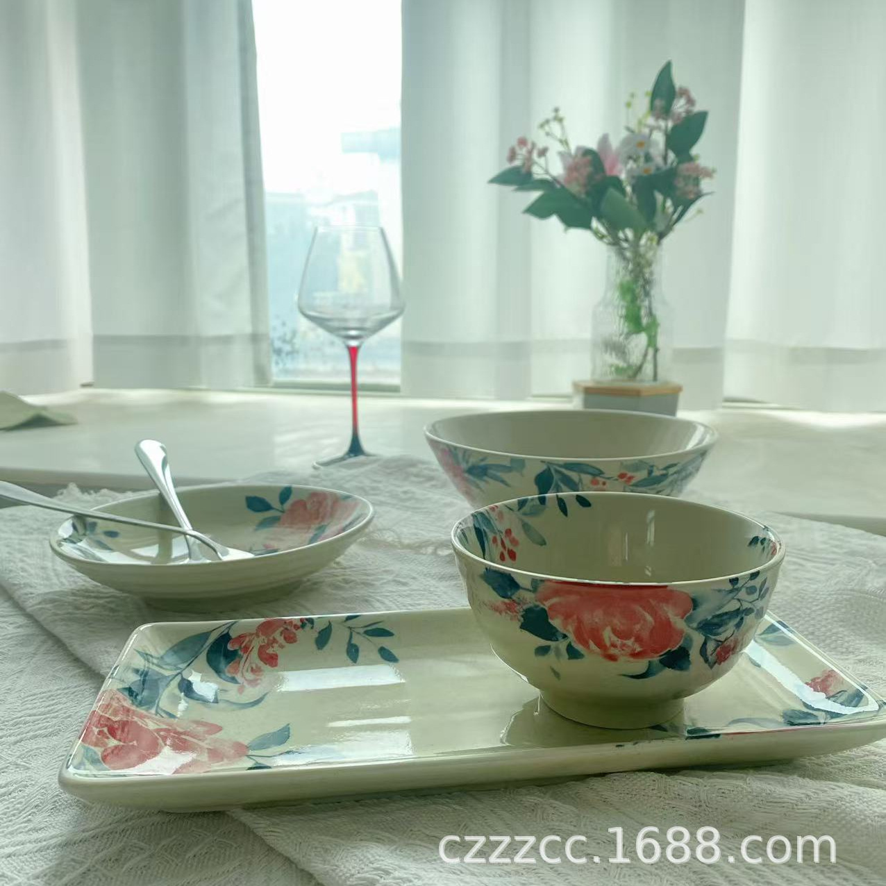 Chinese Peony Underglaze Color Craft Ceramic Tableware High Temperature Resistant Microwave Dishwasher Restaurant Home Noodle Bowl Dinner Plate