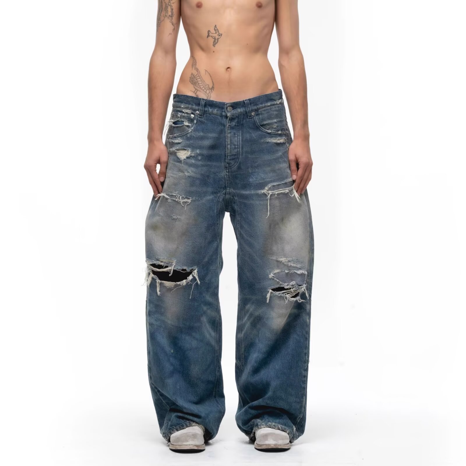 Spring and Autumn American-Style Washed Vintage Jeans for Men, Loose Wide-Leg Drape Straight Long Pants, Ripped Distressed Distressed Pants Trendy