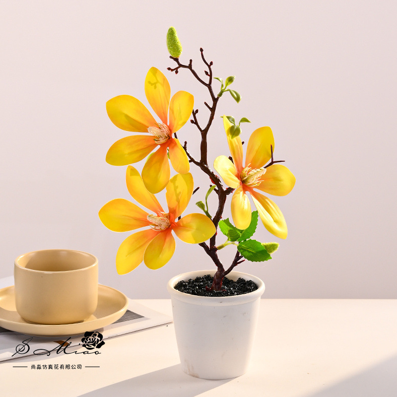 Bonsai de magnolia con sensación de tres cabezas, flores creativas de simulación, decoración de estudio fotográfico para el hogar, plantas verdes artificiales, plantas en macetas de simulación image 3