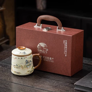 汝窑陶瓷办公杯礼盒大容量泡茶杯茶水分离马克水杯送领导客户logo