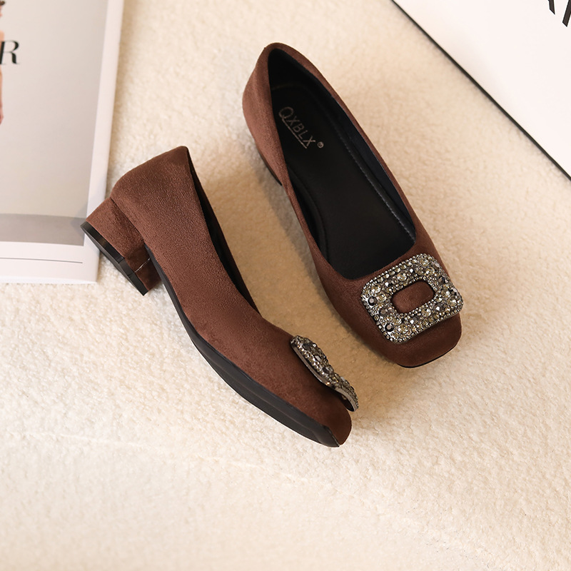 2026 Spring Chunky Heel Black Work Shoes Professional Shoes for Long Standing Comfortable Rhinestone Square Toe Low Heel Work Shoes for Women