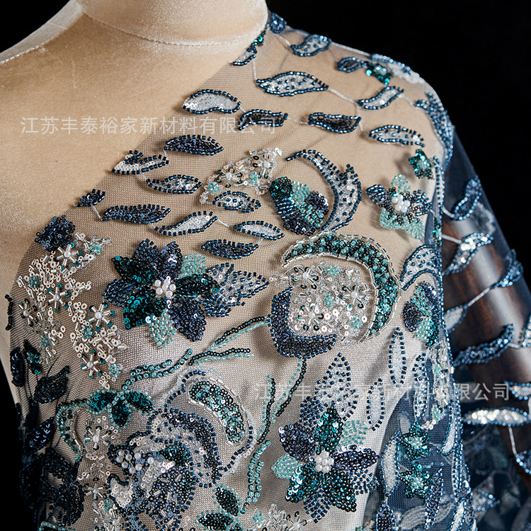 Tejido de bordado de malla azul gradiente flor sequin de clavos de cuentas de tela bordada vestido de boda image 5