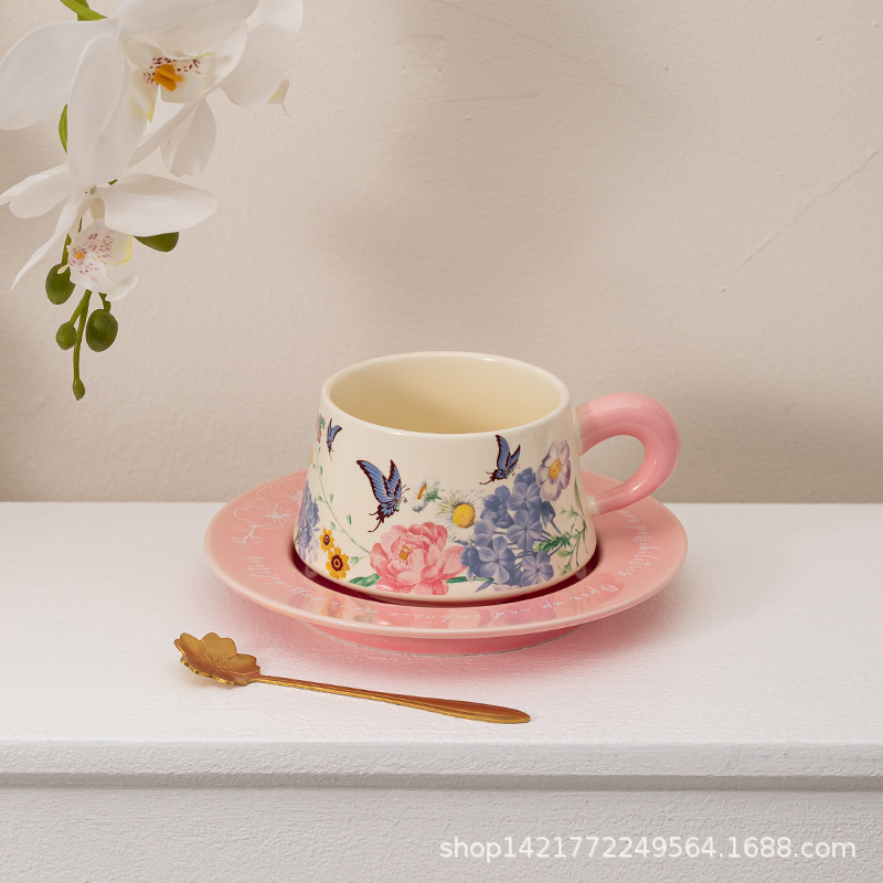 レトロ油絵コーヒーカップ皿セット陶磁器マグカップ小衆カップルカップ蝶コーヒーカップ皿ギフトボックス|undefined