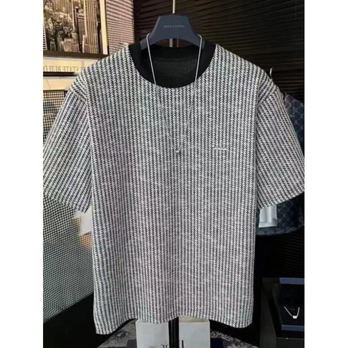 Summer Light Luxury Black and White Striped Crew Neck Short Sleeve Top with Small Embroidered Logo, Men's Versatile Half Sleeve T-Shirt for Men