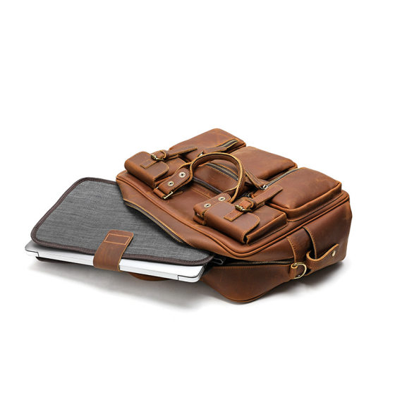 Genuine Leather Briefcase Top Layer Cowhide Men's Bag Shoulder Crossbody Handbag Large Capacity Travel Bag Travel Multi-Pocket Bag