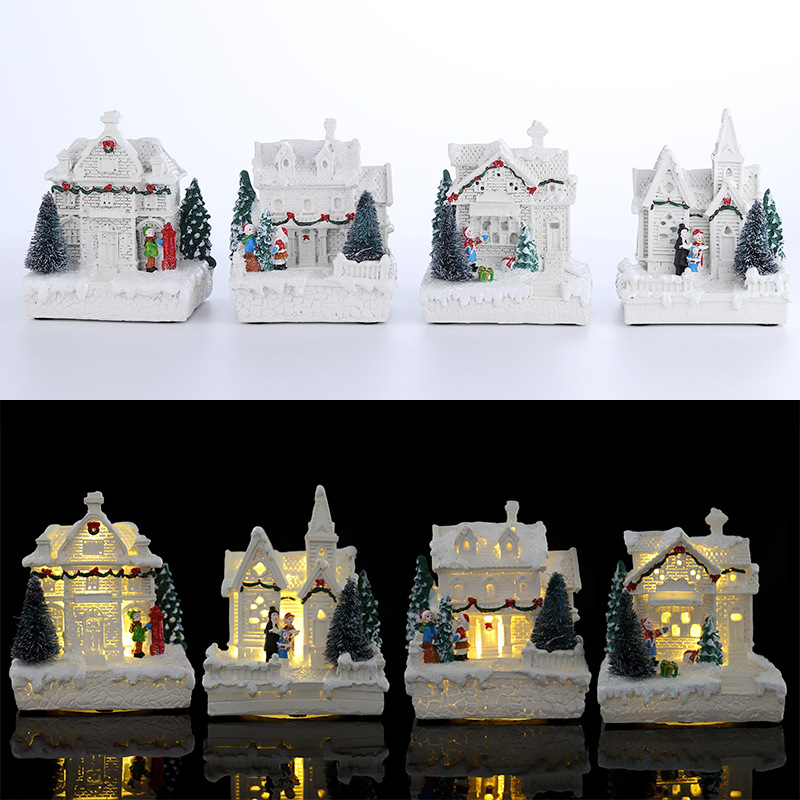 跨境新款树脂发光圣诞小房子白色欧式暖光圣诞节雪房子装饰品摆件