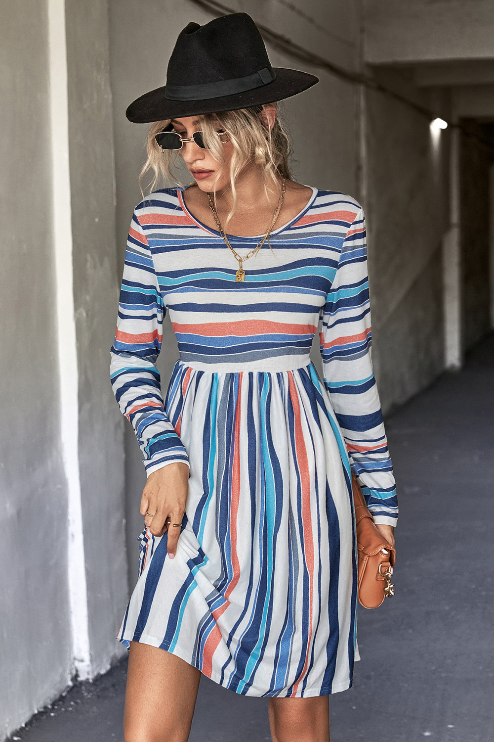 long sleeved round neck high waist striped dress NSLNZ136901