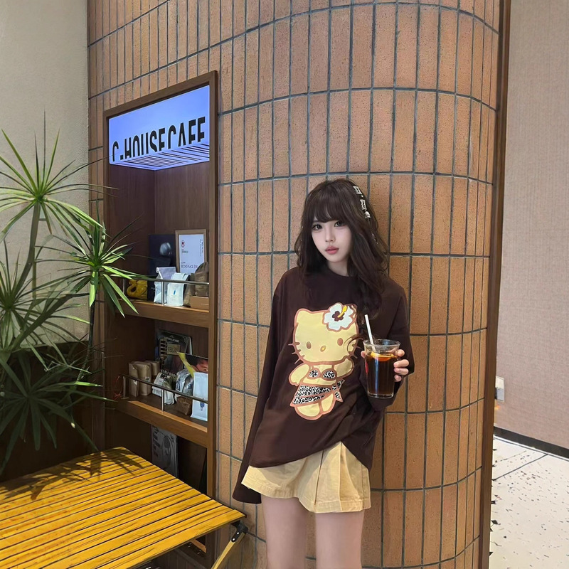 Korean Ins Niche Leopard Print Bikini Kitty Cartoon Print Casual Versatile Loose Pure Cotton Long-Sleeve T-Shirt for Women