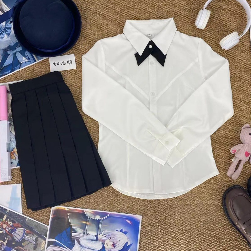 오리지널 JK 화이트 웨이스트 셔츠 가슴 라인 일본 주름 스커트 유니폼 세트 슬림 핏 슬리밍 칼리지 스타일